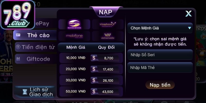 Nạp tiền 789Club thẻ cào